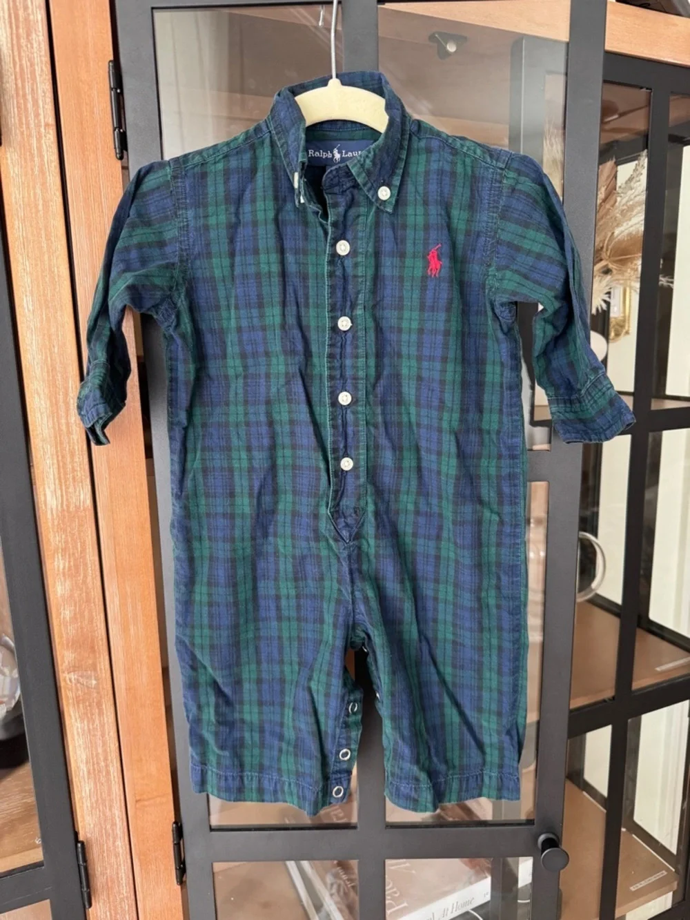 Ralph Lauren plaid coverall baby boy logo green navy long sleeve polo logo